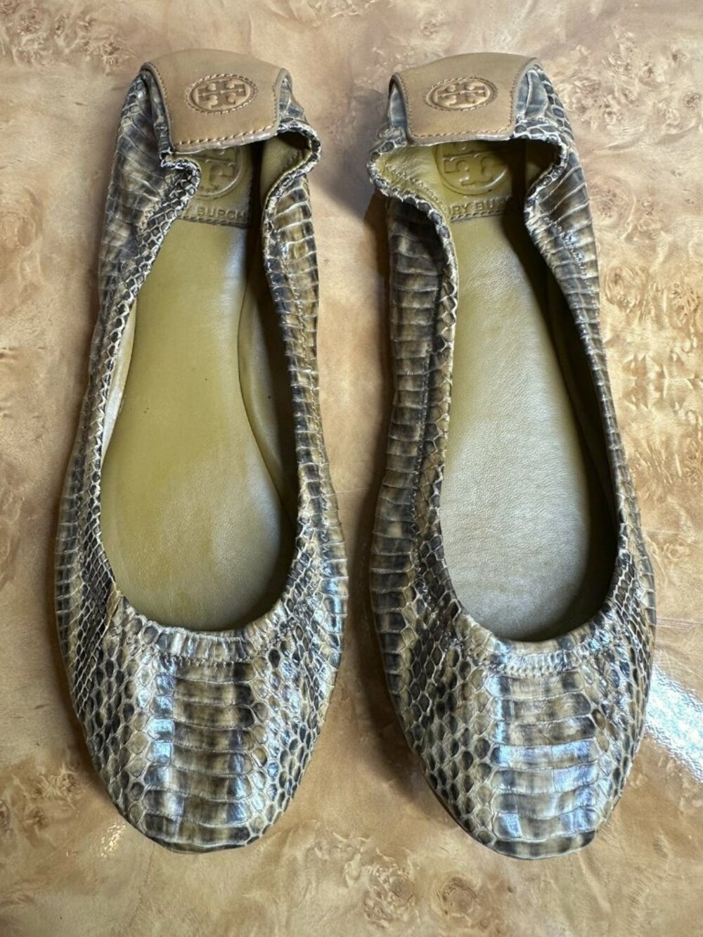 Tory Burch Reva Roccia Python Print Leather Ballet Flats Size 10M  Brown